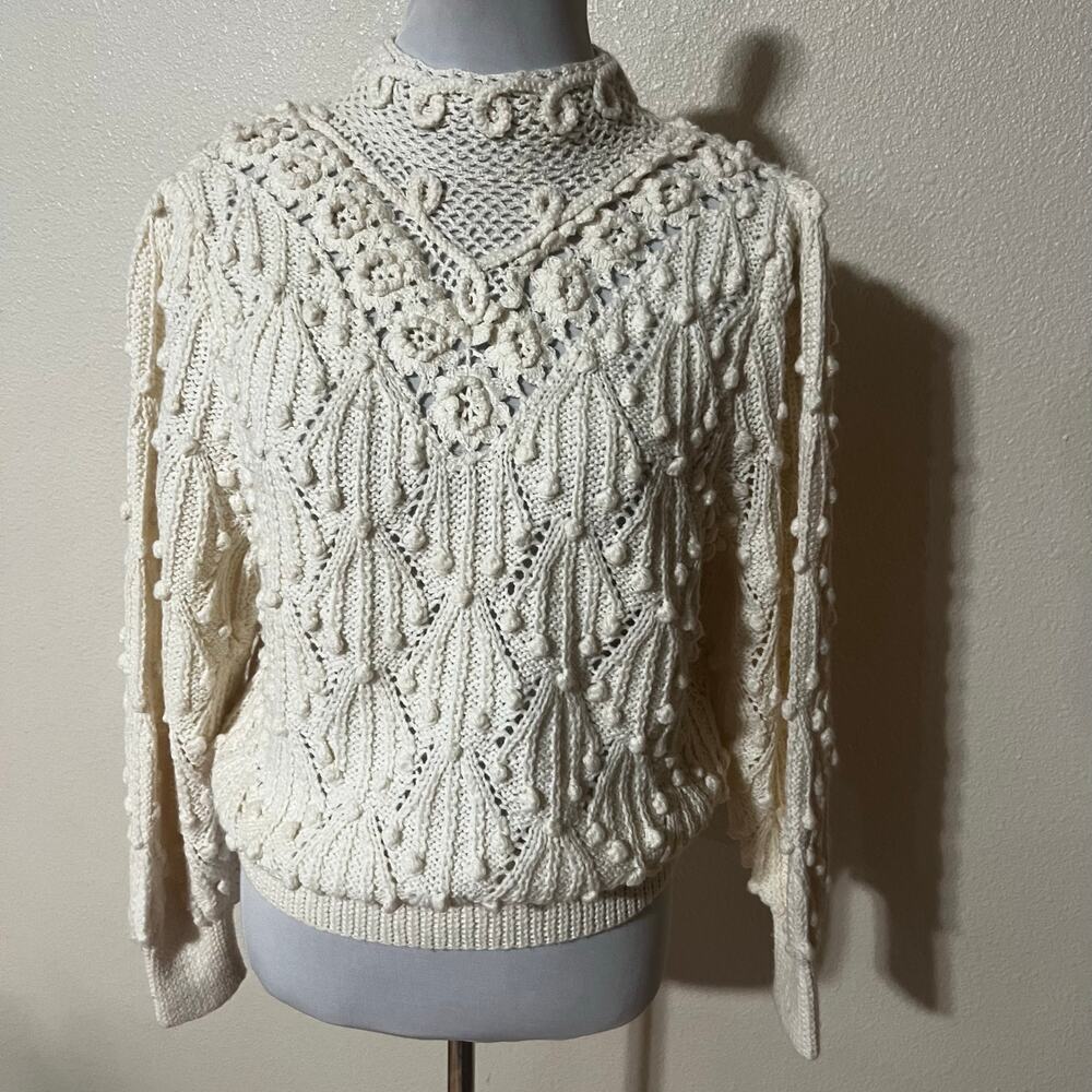 Vintage SSG Catharine Lover cream wool mock neck crochet sweater cottagecore S